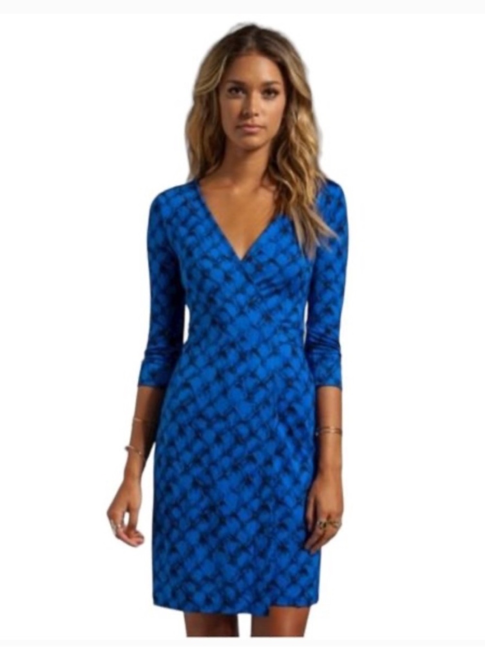 Diane Von Furstenberg Royal Blue Patterned Wrap Midi Dress